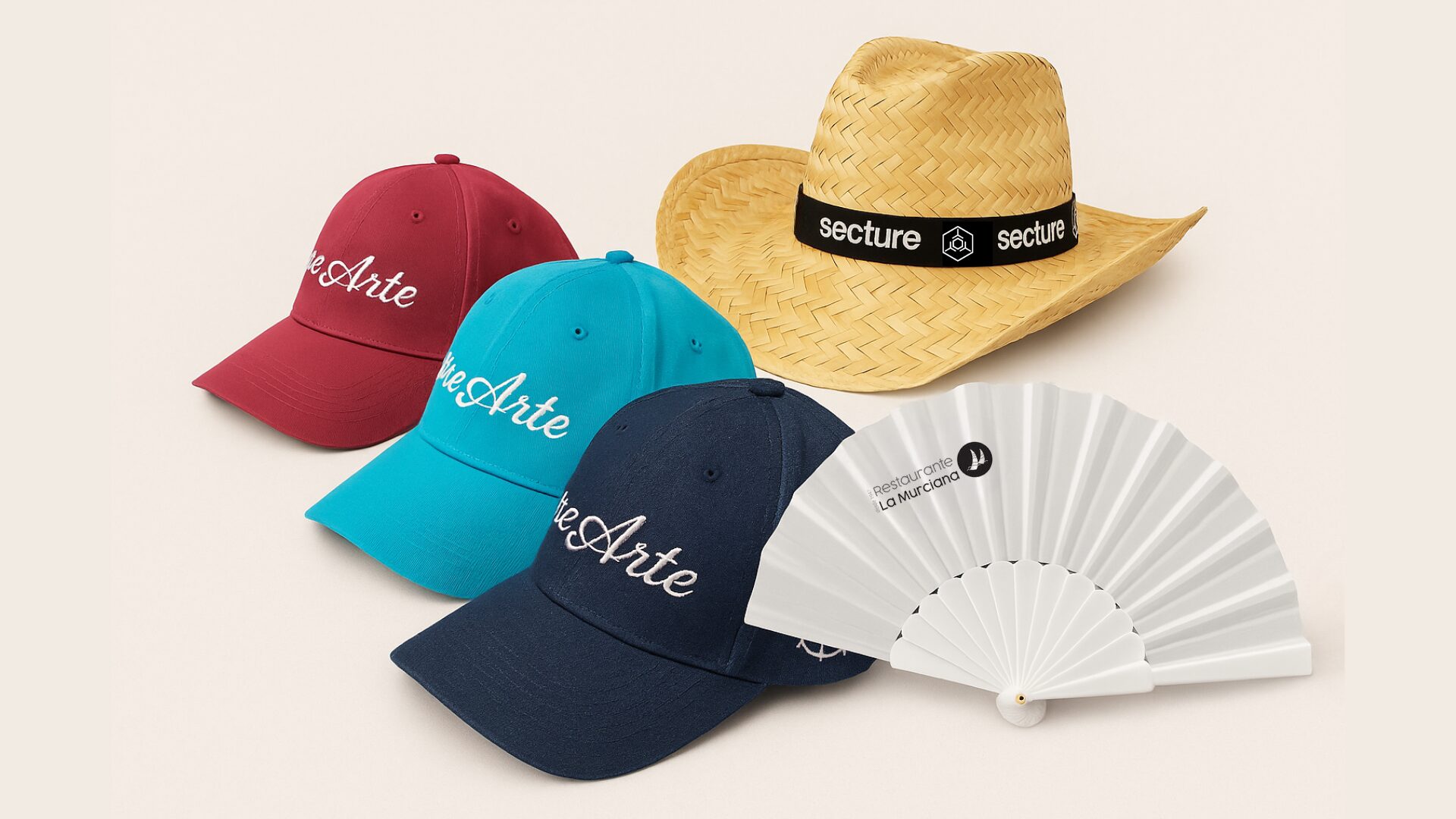 Material promocional personalizado, merchandising, gorras bordadas, sombrero de paja personalizado, abanico con logo